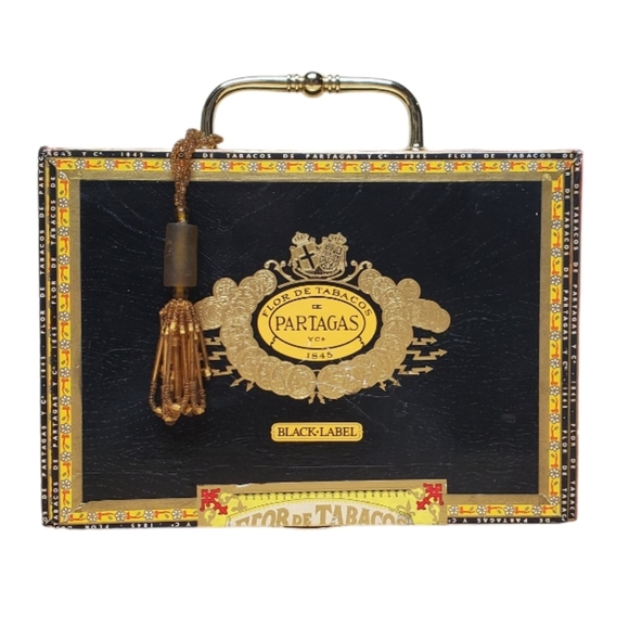 Cigar Box Hand Purse Handmade Gold Tone Handle with a Beaded Tassle - Picture 1 of 12